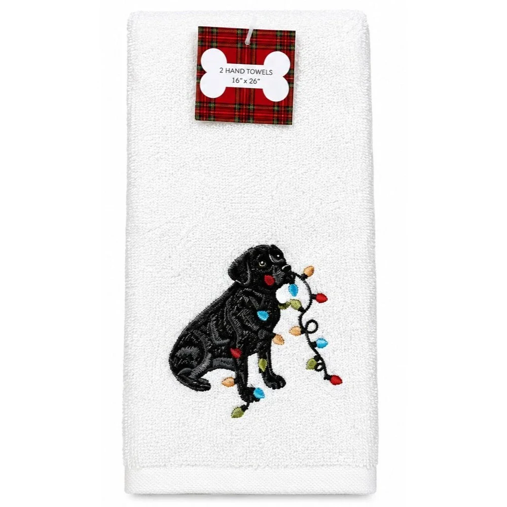 Christmas Hand Towels Set of 2 Black Dog Embroidered Cotton 16x26 Holiday